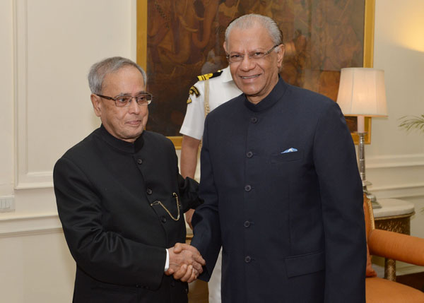 The Prime Minister of the Republic of Mauritius, His Excellency Dr. Navinchandra Ramgoolam, GCSK,FRCP calling on the President of India, Shri Pranab Mukherjee at Rashtrapati Bhavan in New Delhi on May 27, 2014. 