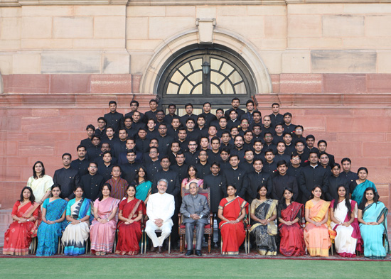 The President of India, Shri Pranab Mukherjee with the Officer Trainees of the 2012 Batch Indian Administrative Service (IAS) Probationers at Lal Bahadur Shastri National Academy of Administration, Mussoorie at Rashtrapati Bhavan in New Delhi on April 26,