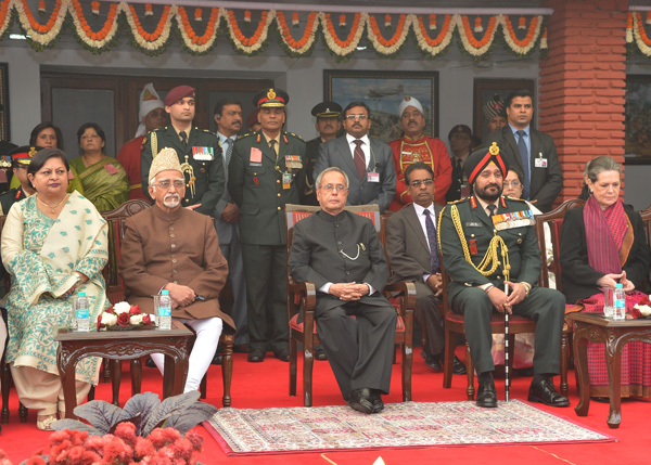 The President of India, Shri Pranab Mukherjee at the Army Day Reception hosted by the Chief of Army Staff, General Bikram Singh at Army House, No:4, Rajaji Marg in New Delhi on January 15, 2014. Also seen is the Vice President of India, Shri Mohd. Hamid A 