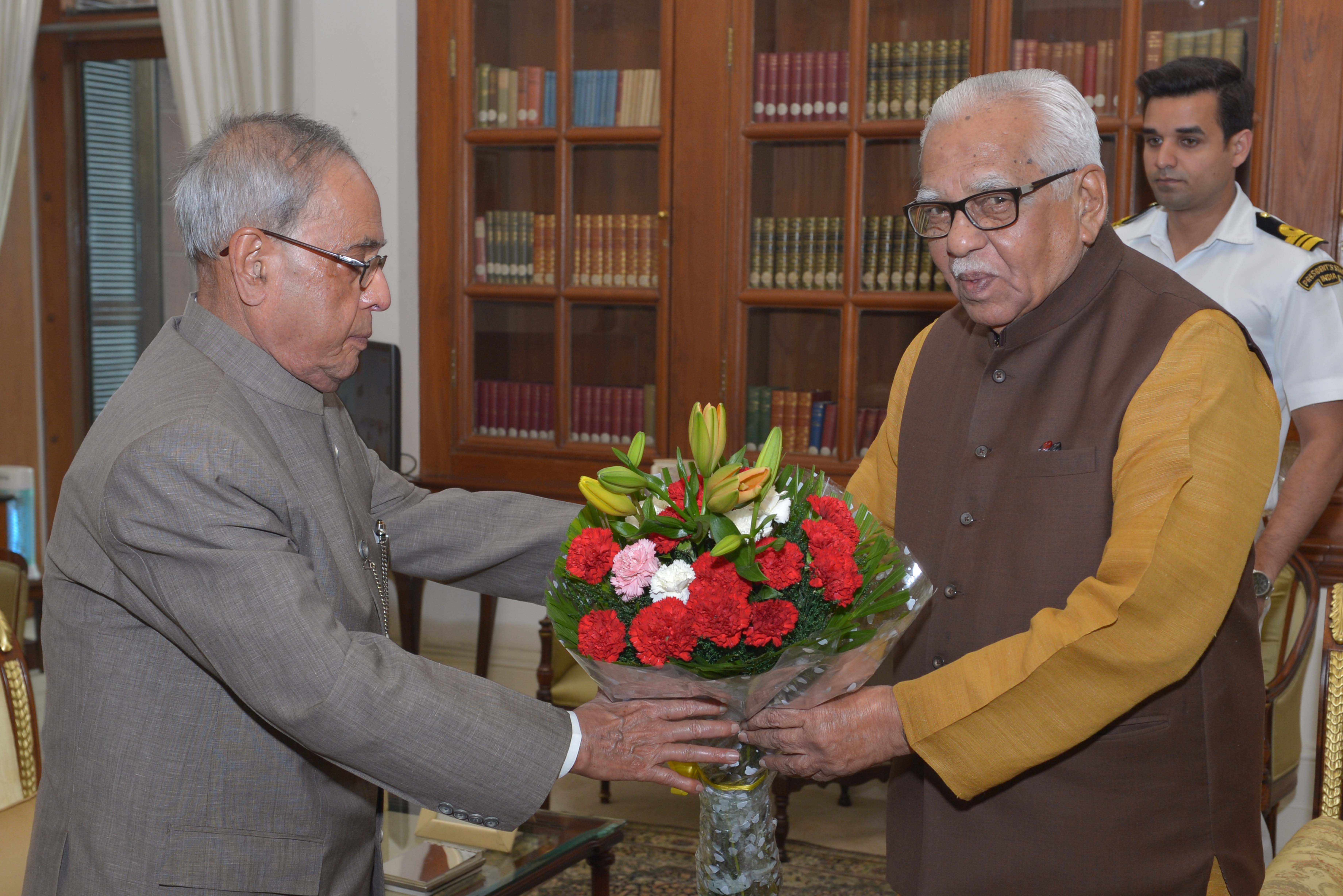 The Governor of Uttar Pradesh, Shri Ram Naik calling on the President of India, Shri Pranab Mukherjee at Rashtrapati Bhavan on June 09, 2015.