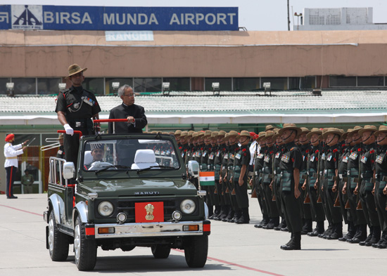 The President of India, Shri Pranab Mukherjee inspecting the Guard of Honour on his arrival at Birsa Munda Airport in Ranchi, Jharkhand on April 29. 2013.