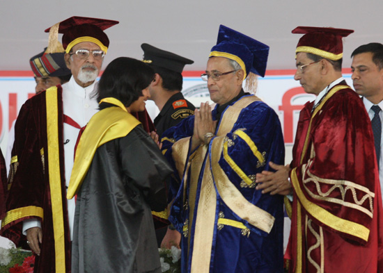 The President of India, Shri Pranab Mukherjee while presenting a degree to the student at the convocation of Sido Kanhu Murmu University at Dumka in Jharkhand on April 29. 2013. Also seen is the Governor of Jharkhand, Dr. Syed Ahmed.