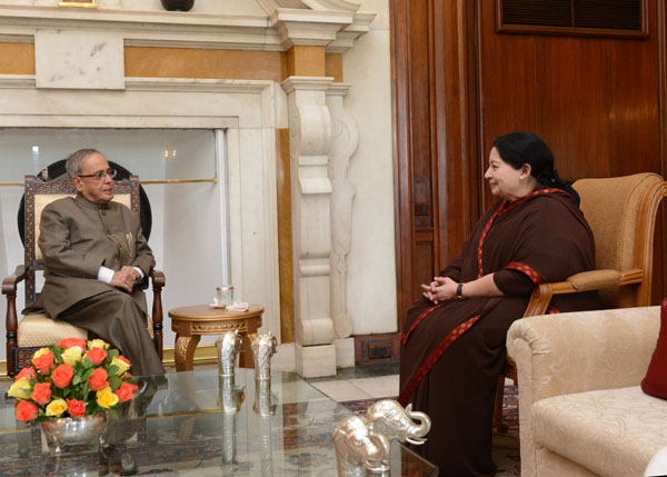 The Chief Minister of Tamil Nadu, Dr. J. Jayalalithaa calling on the President of India, Shri Pranab Mukherjee at Rashtrapati Bhavan in New Delhi on June 3, 2014. 