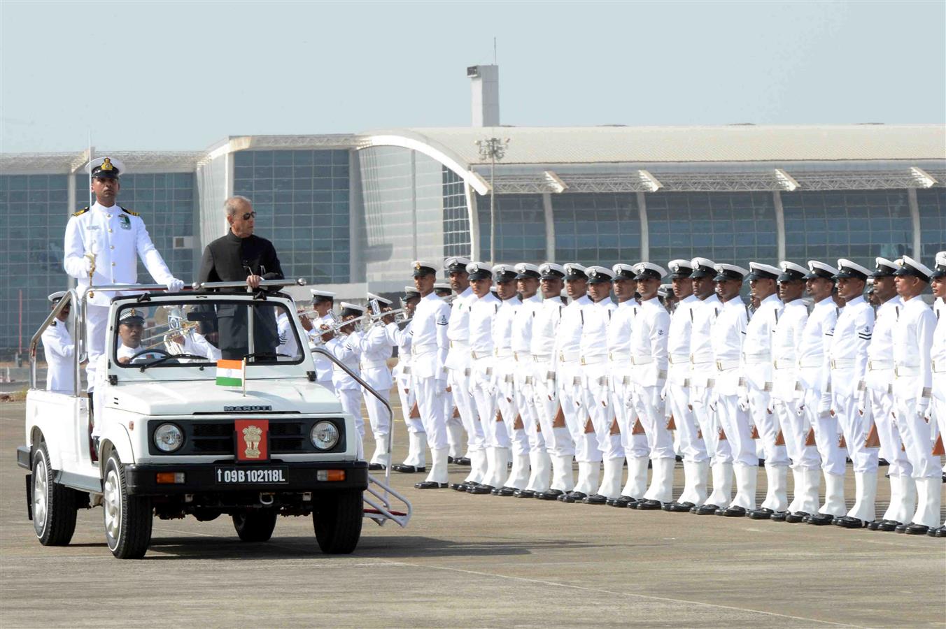 The President of India, Shri Pranab Mukherjee inspecting the Guard of Honour on his arrival at Dabolim Airport (Naval Enclave) in Goa on April 25, 2017.