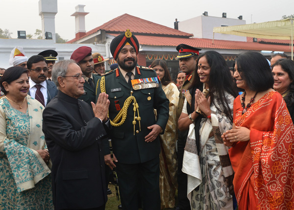 The President of India, Shri Pranab Mukherjee at the Army Day Reception hosted by the Chief of Army Staff, General Bikram Singh at Army House, No:4, Rajaji Marg in New Delhi on January 15, 2014. 