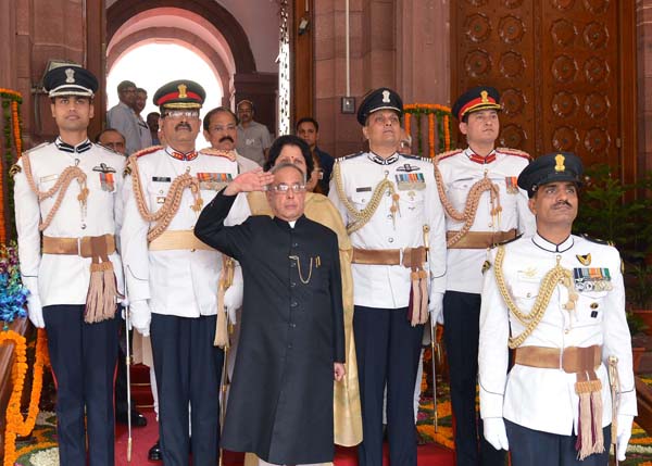 The President of India, Shri Pranab Mukherjee receiving the National Salute from the President's Body Guard (PBG) at Parliament House before delivering his address to both the Houses of Parliament in New Delhi on June 09, 2014. 