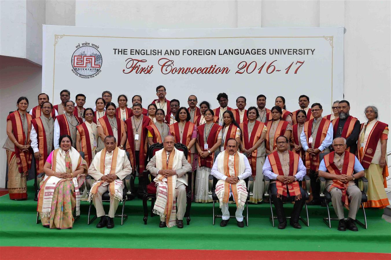 The President of India, Shri Pranab Mukherjee in a group photograph at the First Convocation of the English and Foreign Languages University, Hyderabad at Hyderabad in Telangana on April 26, 2017.