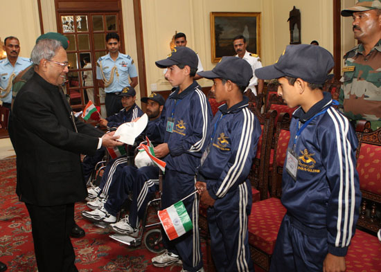 The President of India, Shri Pranab Mukherjee meeting with the differently-abled children from Banihal, Ramban District, Jammu and Kashmir at Rashtrapati Bhavan in New Delhi on May 3, 2013 who participated in the Operation Sadbhavana Tour organised by the