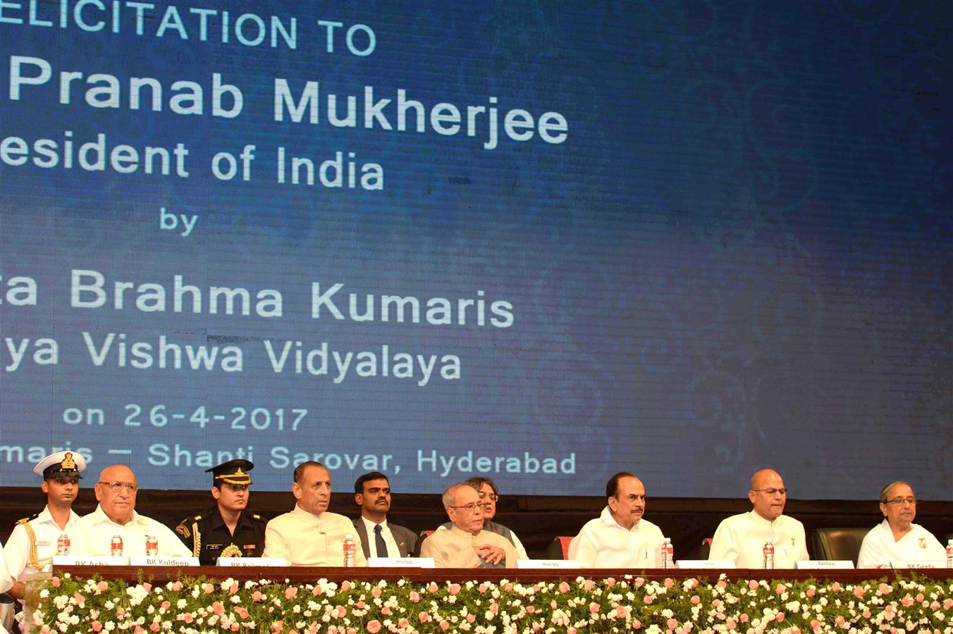 The President of India, Shri Pranab Mukherjee attending the felicitation function by Brahma Kumaris Shanthi Sarovar, Gachibowli at Hyderabad in Telangana on April 26, 2017.