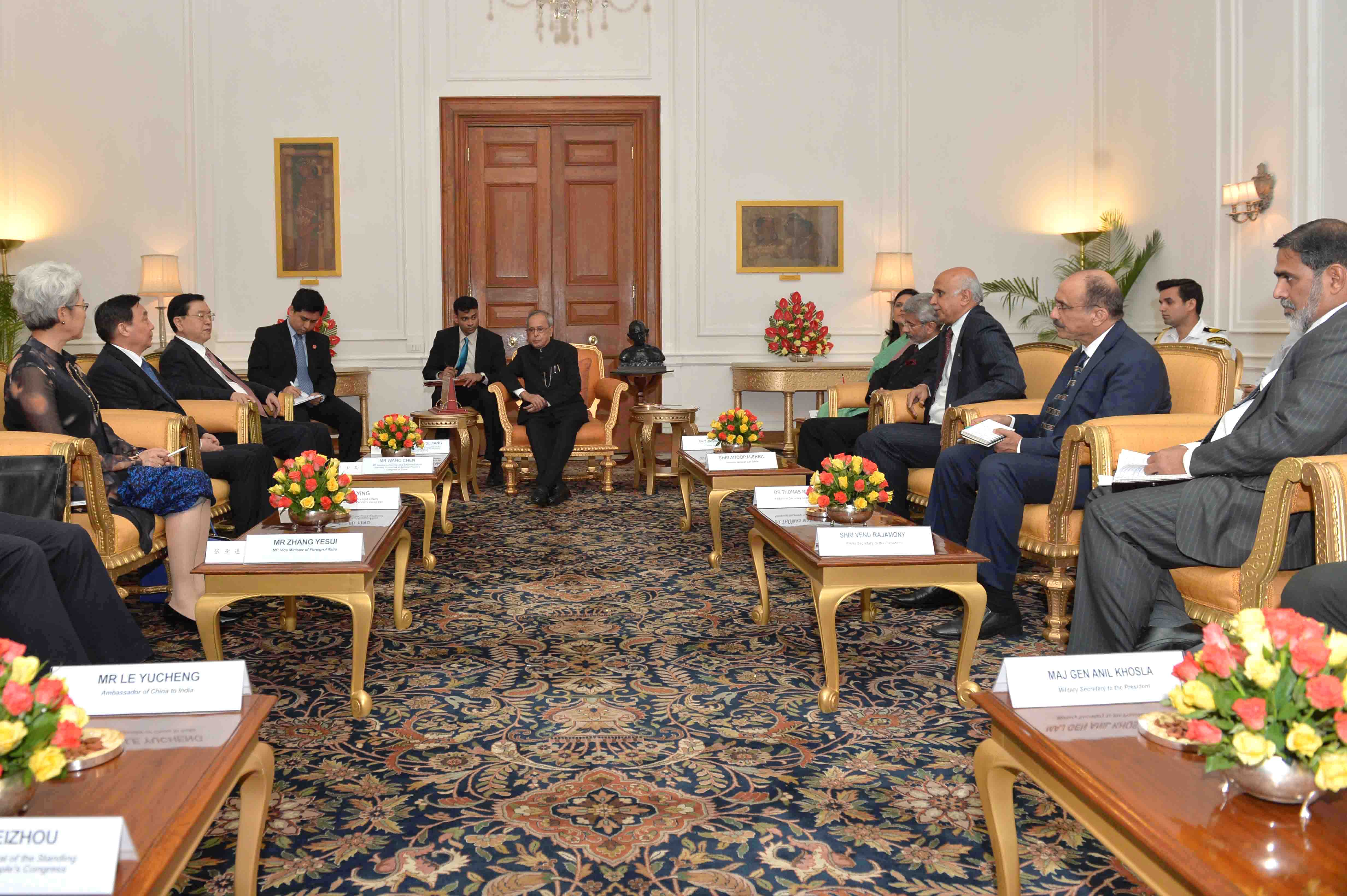 The Chinese Parliamentary Delegation Led by the Chairman and Standing Committee of National People’s Congress of Chain, H.E. Mr. Zhang Dejiang calling on the President of India, Shri Pranab Mukherjee at Rashtrapati Bhavan on June 15, 2015.