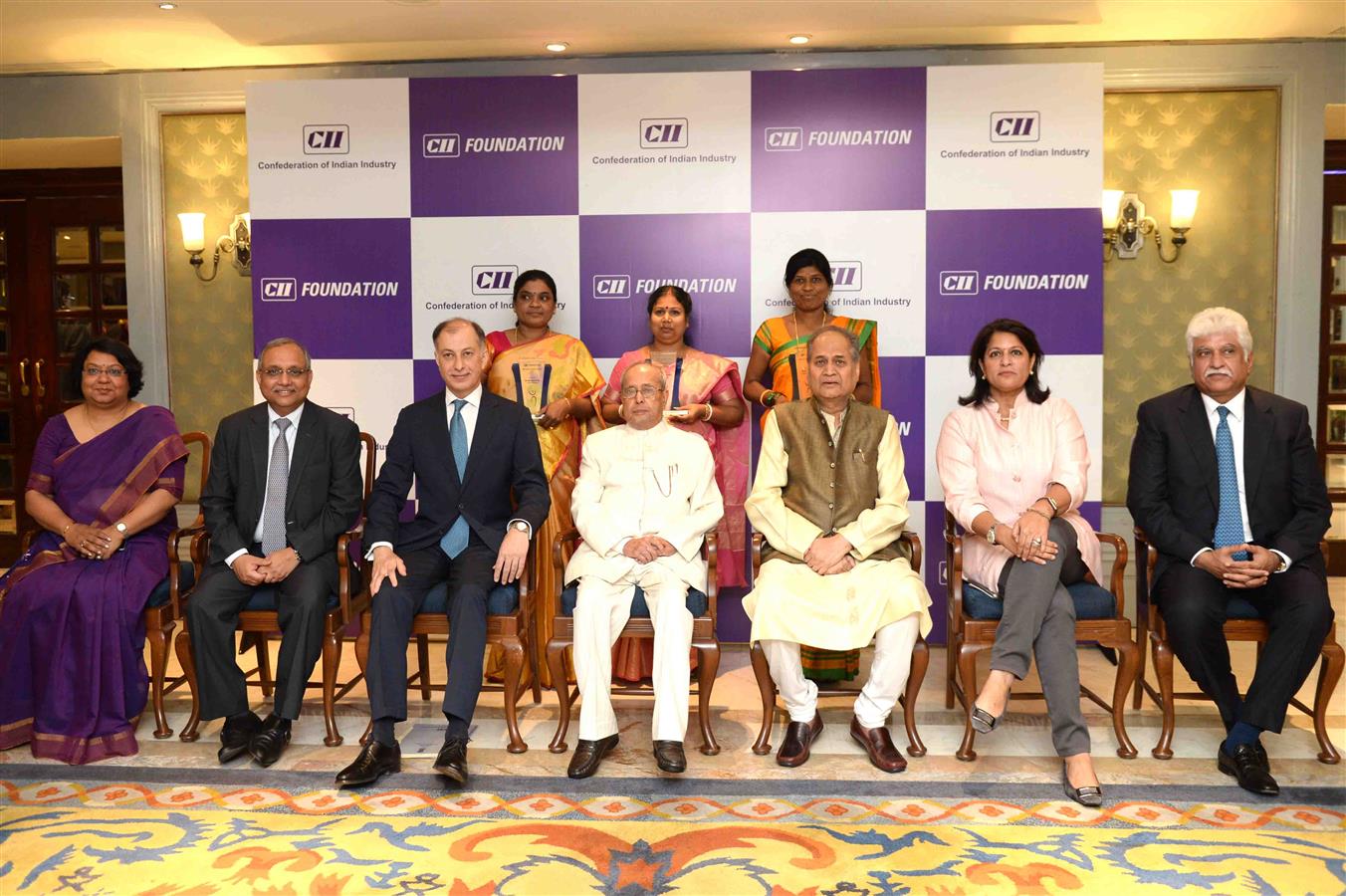 The President of India, Shri Pranab Mukherjee with recipients of CII President's Award for Lifetime Achievement and CII Foundation Woman Exemplar Award in New Delhi on April 27, 2017.