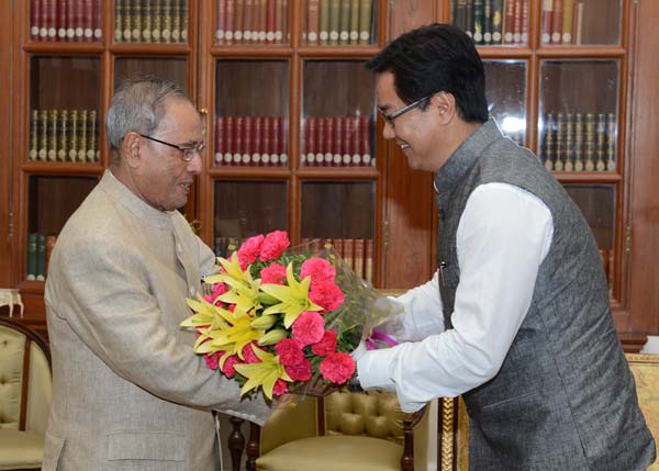 The Union Minister of State for Home Affairs, Shri Kiren Rijiju calling on the President of India, Shri Pranab Mukherjee at Rashtrapati Bhavan in New Delhi on June 12, 2014. 