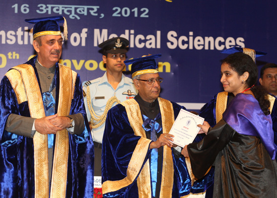 The President of India, Shri Pranab Mukherjee presenting a degree to a graduating student at the 40th convocation of the All India Institute of Medical Sciences at New Delhi on October 16, 2012. Also seen is the Union Minister of Health and Family Welfar