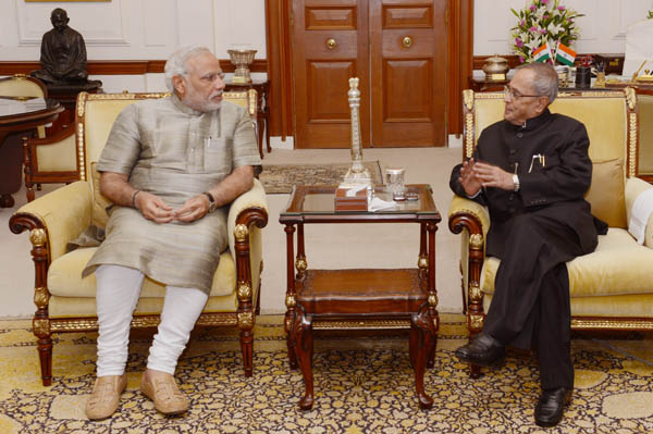 The Prime Minister of India, Shri Narendra Modi calling on the President of India, Shri Pranab Mukherjee at Rashtrapati Bhavan in New Delhi on June 18, 2014. 