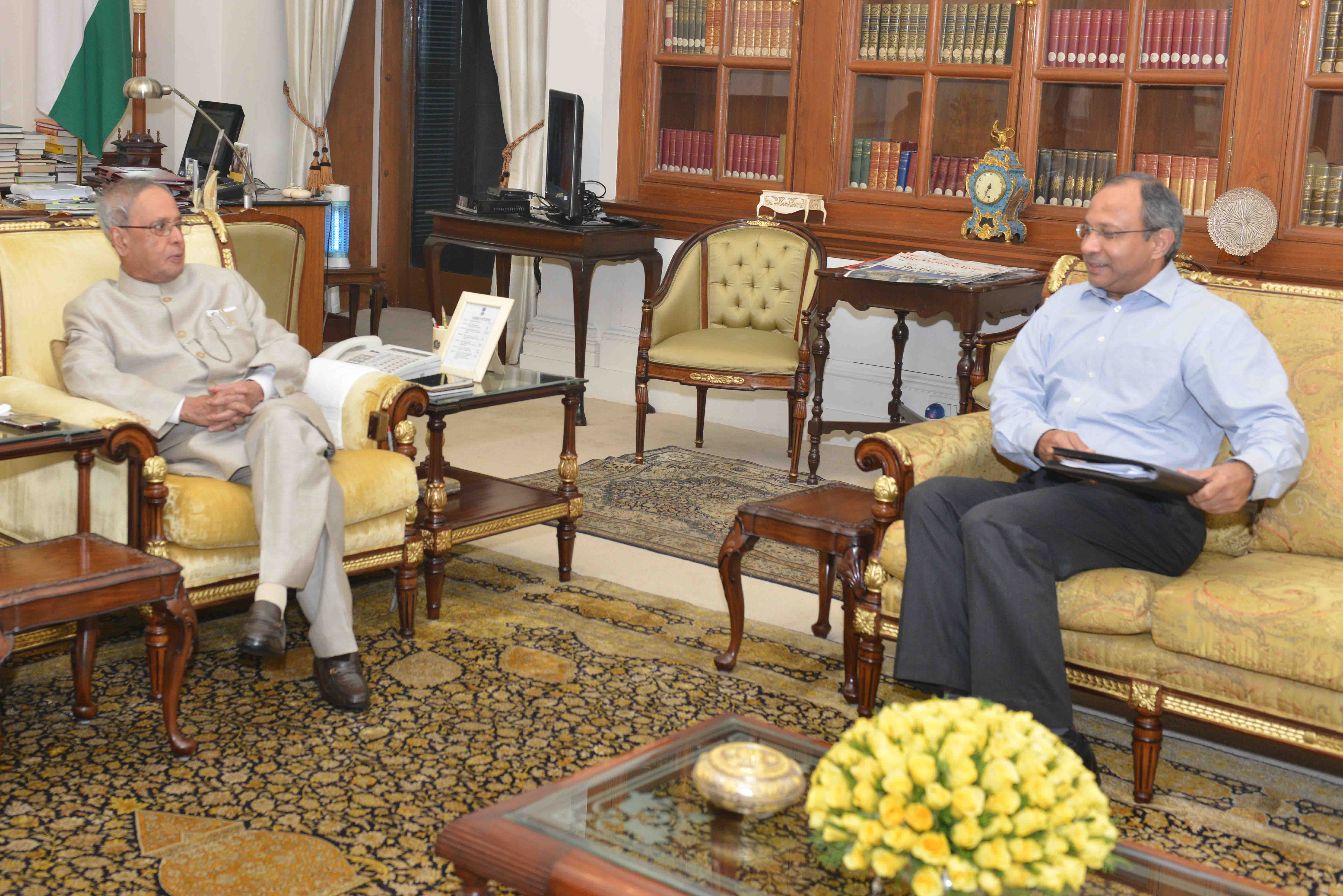 The President of India, Shri Pranab Mukherjee meeting with Shri Pankaj Saran, High Commissioner of India to Bangladesh at Rashtrapati Bhavan on June 24, 2015.