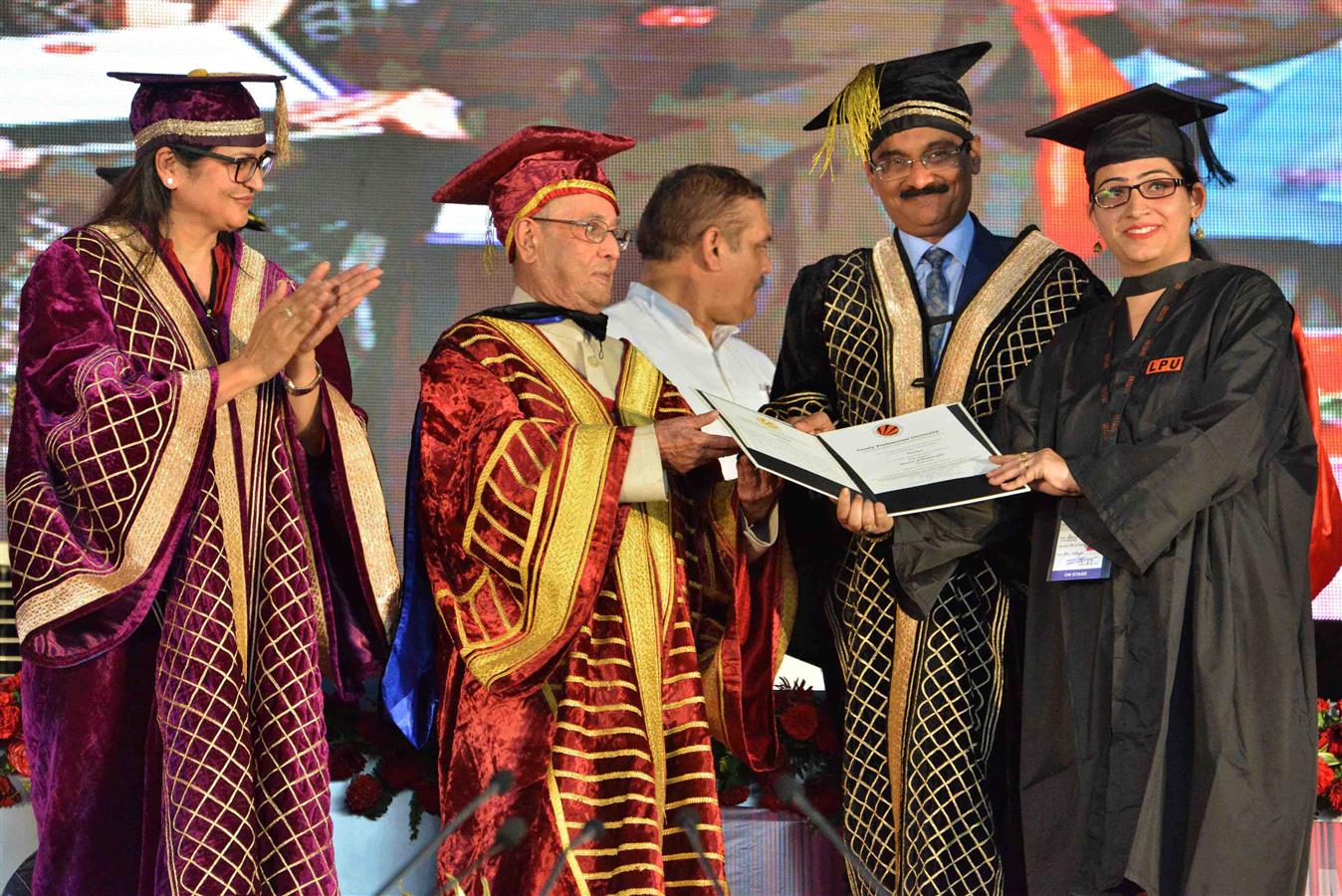 The President of India, Shri Pranab Mukherjee presenting the degree to a student at the 8th Convocation of the Lovely Professional University (LPU) at Phagwara in Punjab on May 2, 2017.