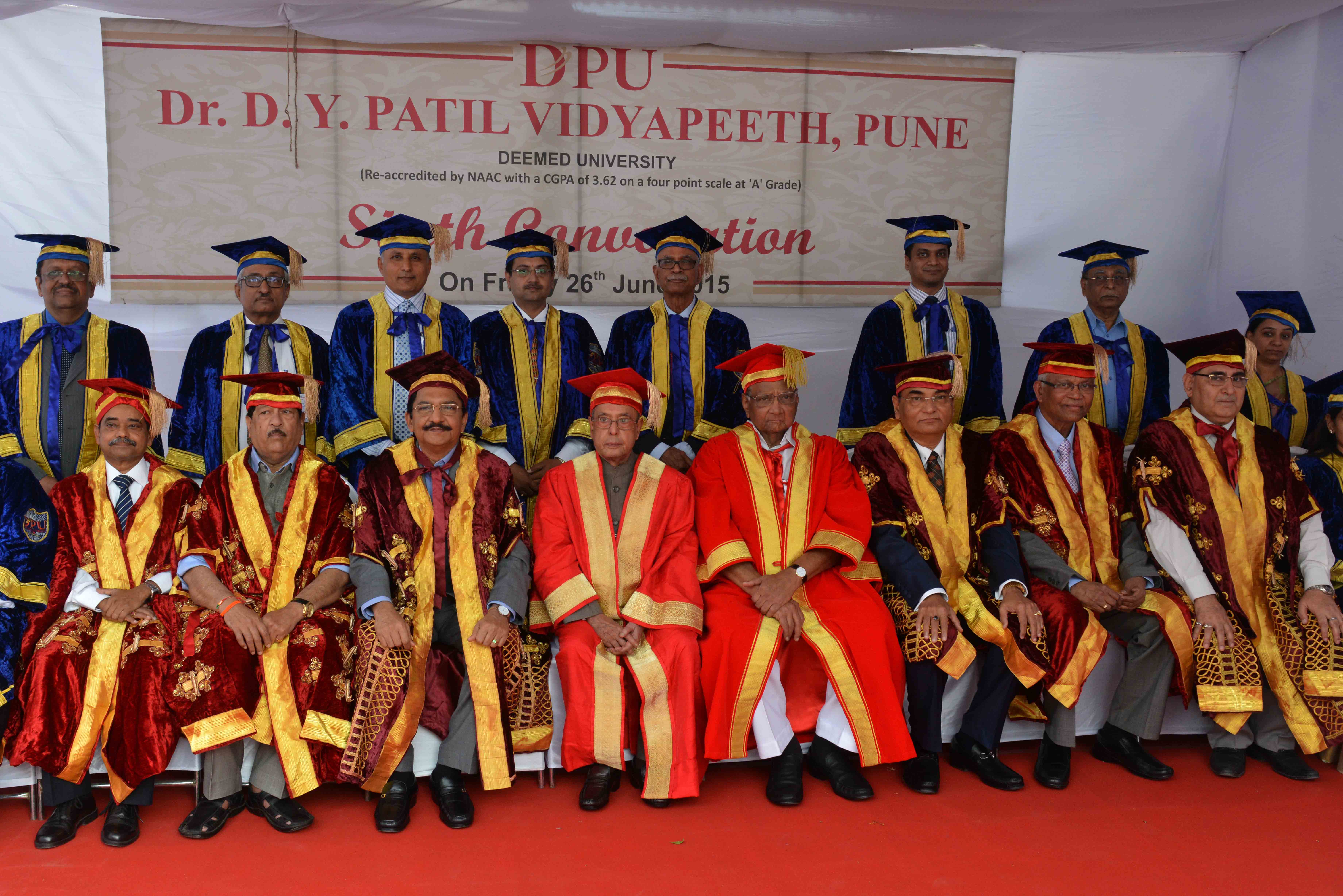 The President of India, Shri Pranab Mukherjee, attending Sixth Convocation of Dr DY Patil Vidyapeeth, Pune. He presented Award of Gold Medal to recipients also he presented, Honoris Causa (D Litt) to Shri Sharad Pawar, MP (Rajya Sabha), Award of Honoris C