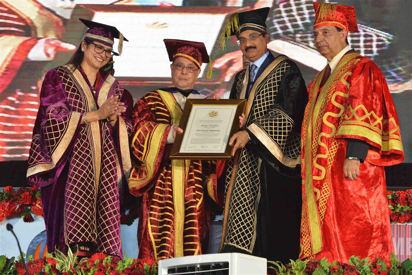 The President of India, Shri Pranab Mukherjee being conferred the Doctorate Honoris Causa Degree by the Chancellor of Lovely Professional University at the 8th Convocation of Lovely Professional University(LPU) at Phagwara in Punjab on May 2, 2017.