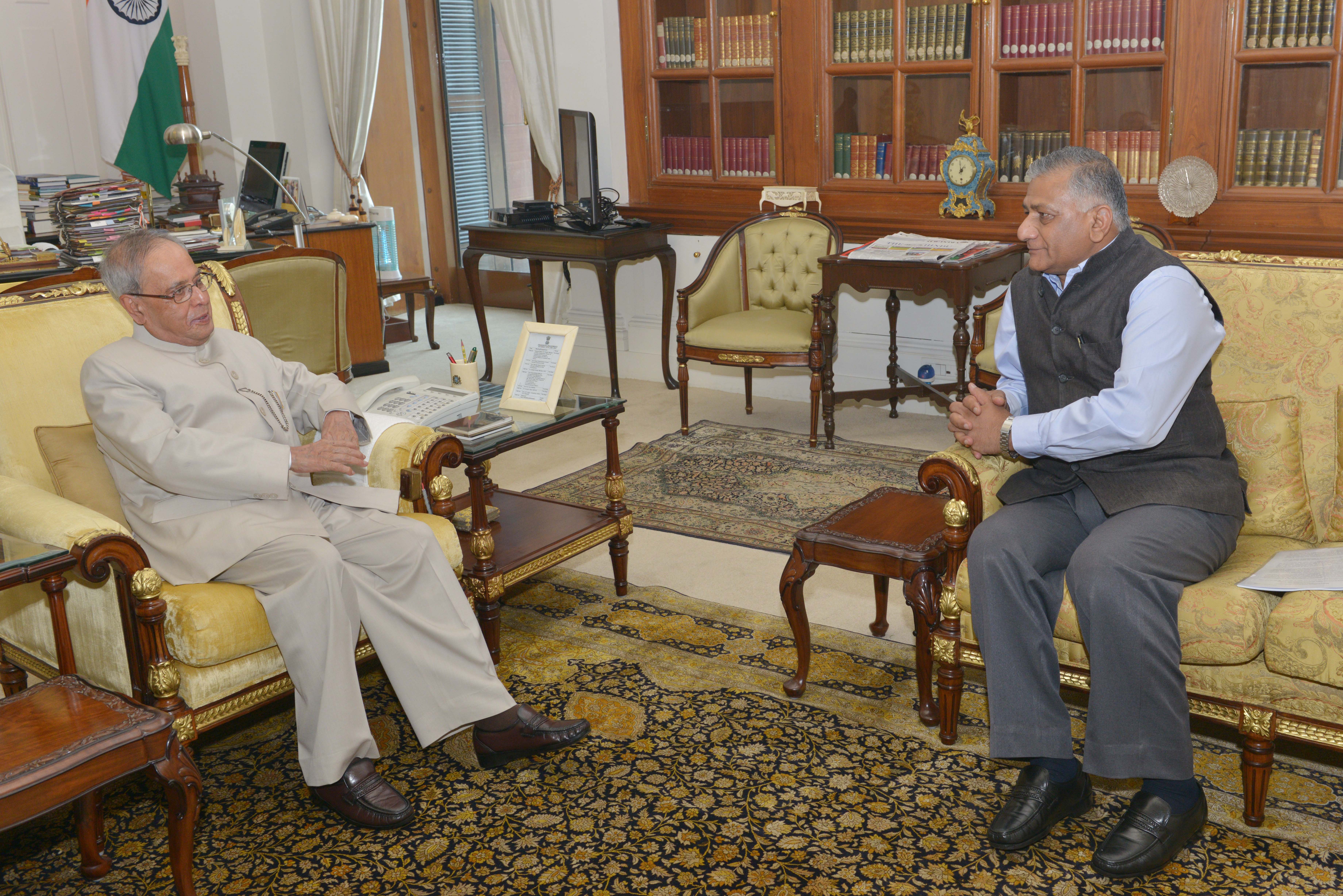 The President of India, Shri Pranab Mukherjee, meeting with General (Rets.) Shri V. K. Singh, Minister of State (Independent Charge) at Rashtrapati Bhavan on June 27, 2015.