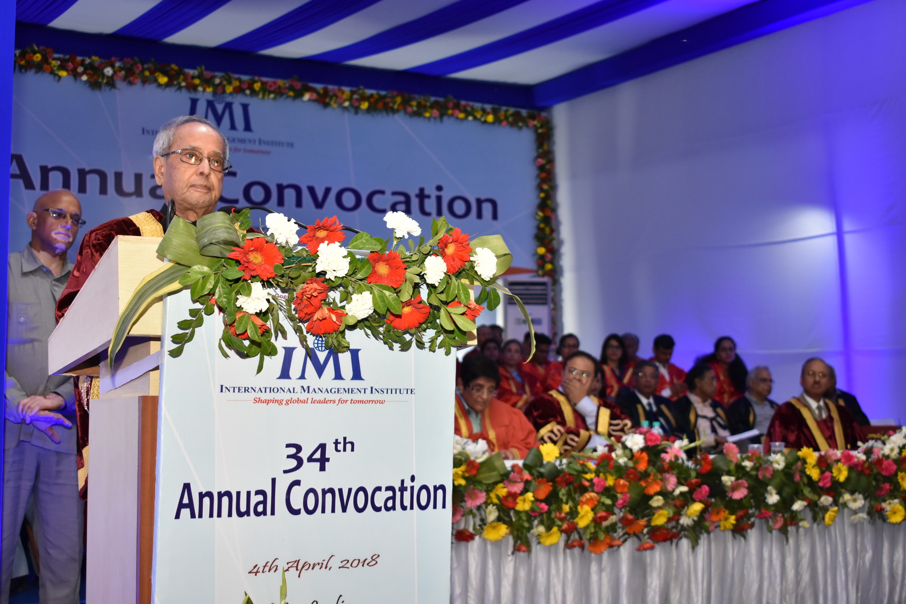 The Former President of India, Shri Pranab Mukherjee delivering the Convocation Address at the 34th Annual Convocation of International Management Institute (IMI) in New Delhi on April 04, 2018.