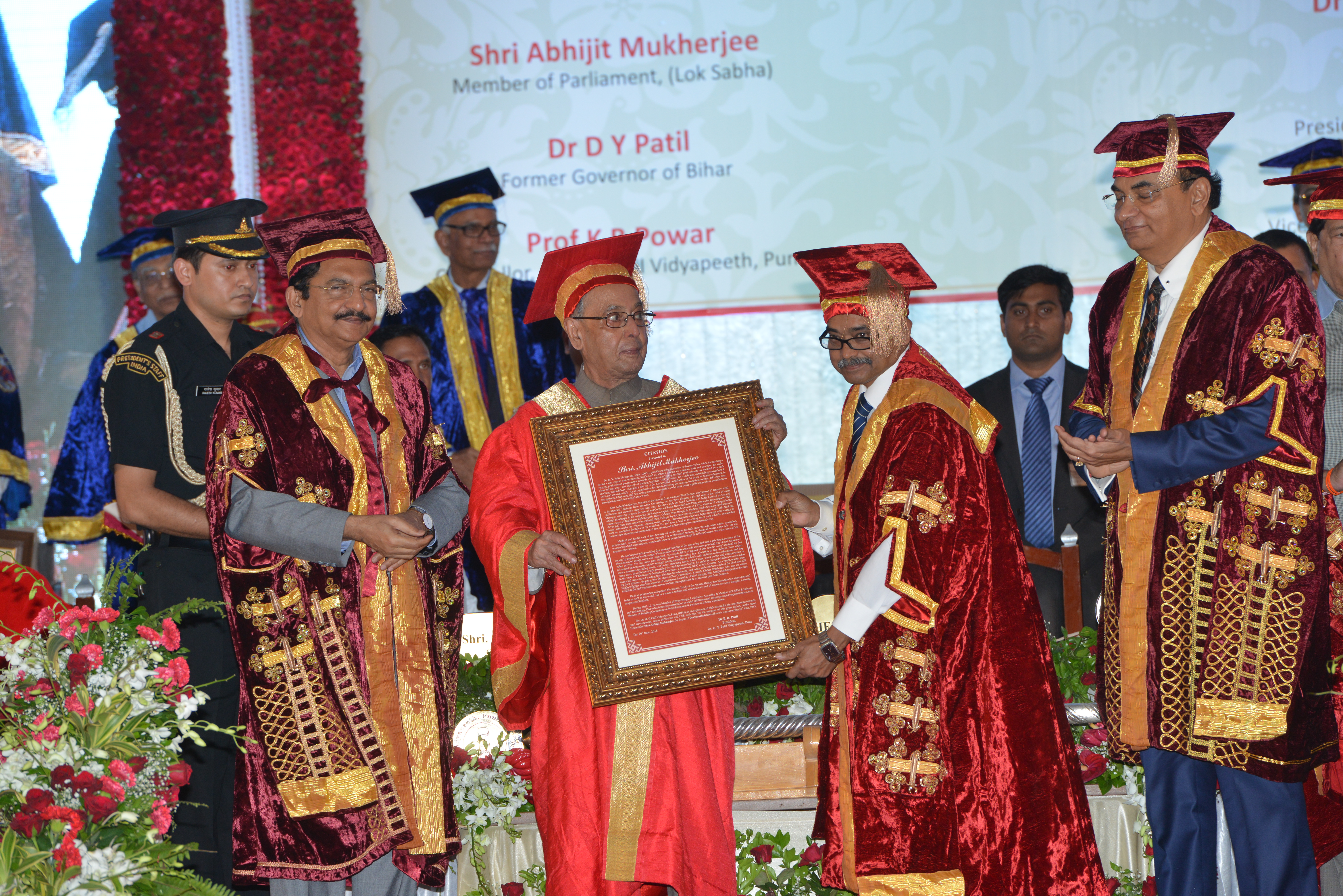 The President of India, Shri Pranab Mukherjee conferring Honoris Causa (D. Sc) to Shri Abhijit Mukherjee, MP (Lok Sabha) at the Sixth Convocation of Dr. D.Y. Patil Vidyapeeth at Pune on June 26, 2015.