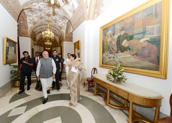 The Prime Minister of India, Shri Narendra Modi takes a tour of Rashtrapati Bhavan in New Delhi on July 3, 2014. 