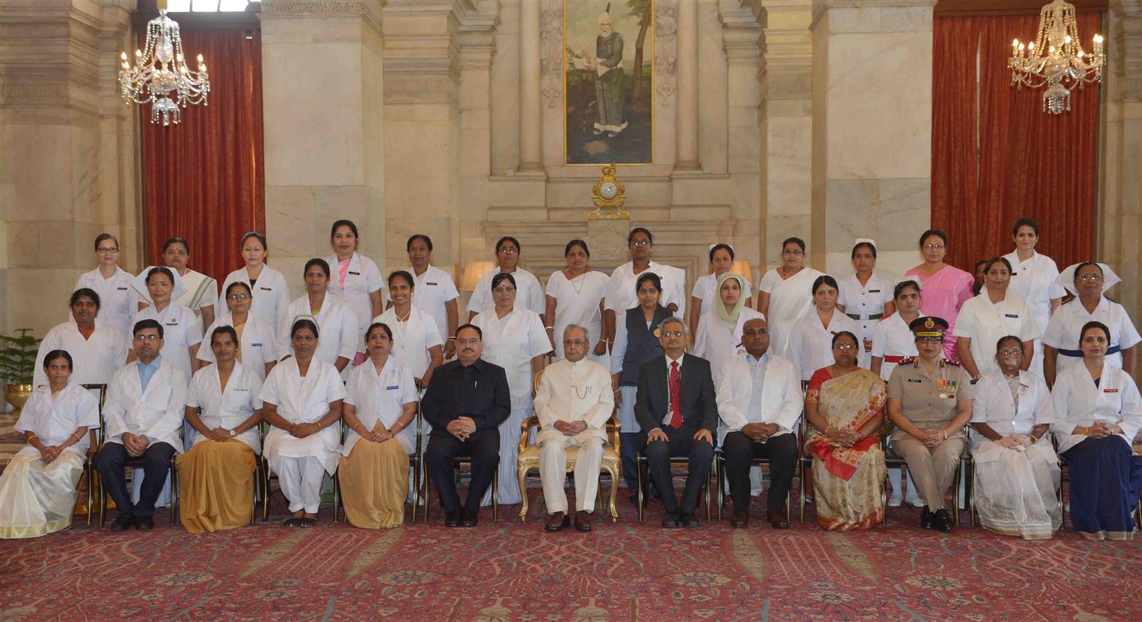 The President of India, Shri Pranab Mukherjee with receipts of National Florence Nightingale Awards to Nursing personnel on the occasion of International Nurses Day at Rashtrapati Bhavan on May 12, 2016. 