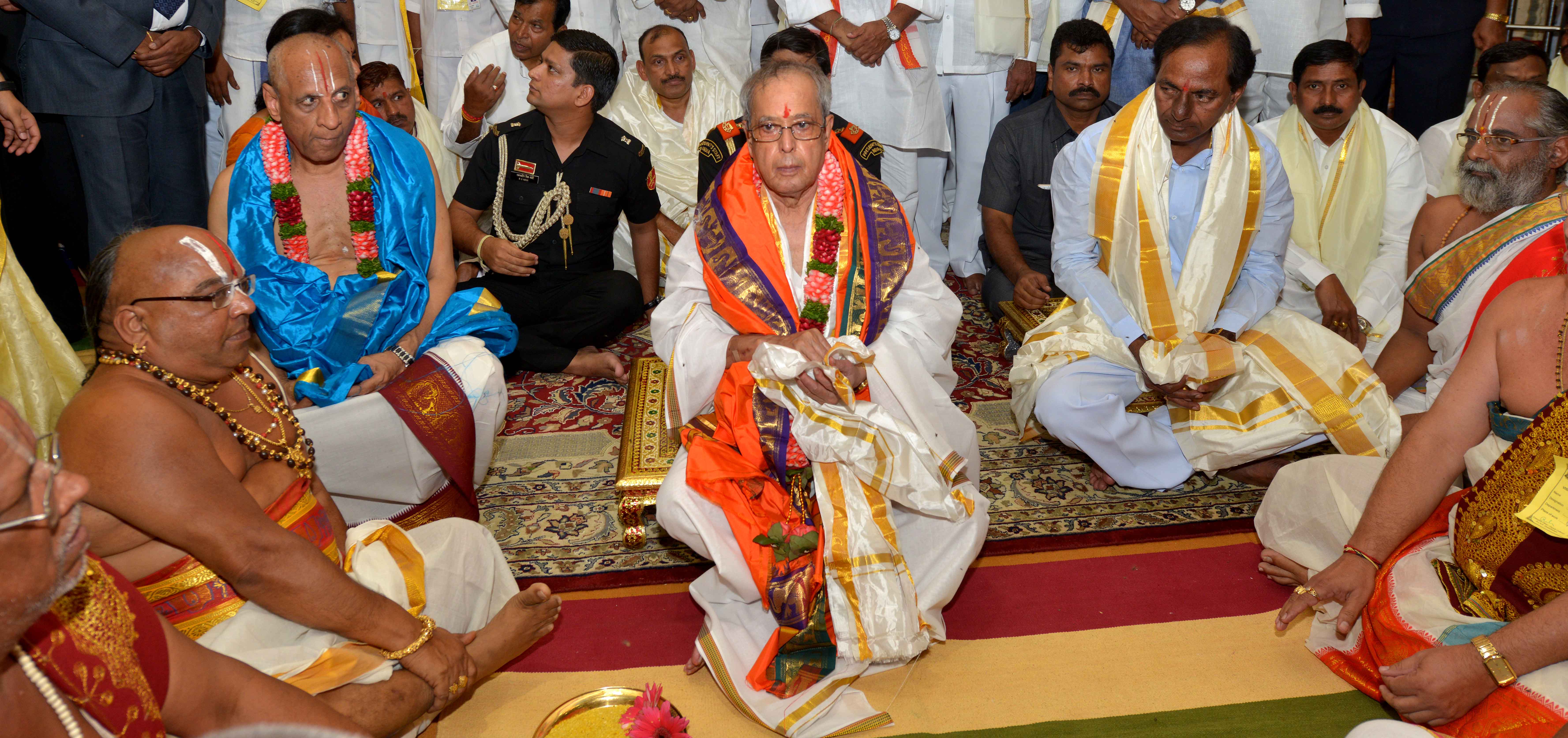 The President of India, Shri Pranab Mukherjee during his Visit to Sri Lakshmi Narsimha Swamy Temple at Yadgirigutta, Nalgonda District in Telangana on July 5, 2015.