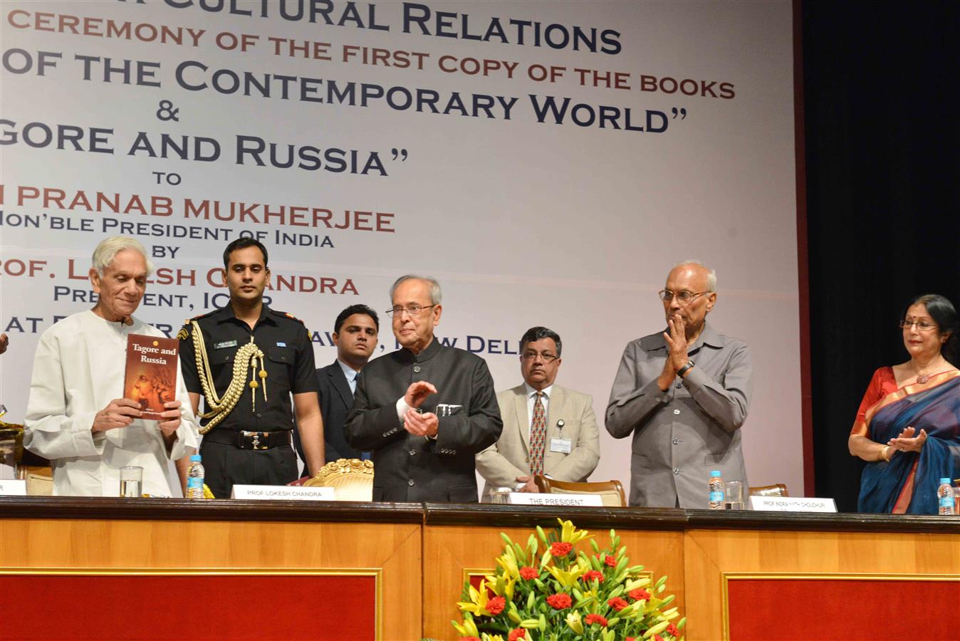 The President of India, Shri Pranab Mukherjee receiving the first copy of the book 'Tagore's Vision of the Contemporary World' and 'Tagore and Russia' from the President of Indian Council for Cultural Relations(ICCR), Prof. Lokesh Chandra at Rashtrapati B 