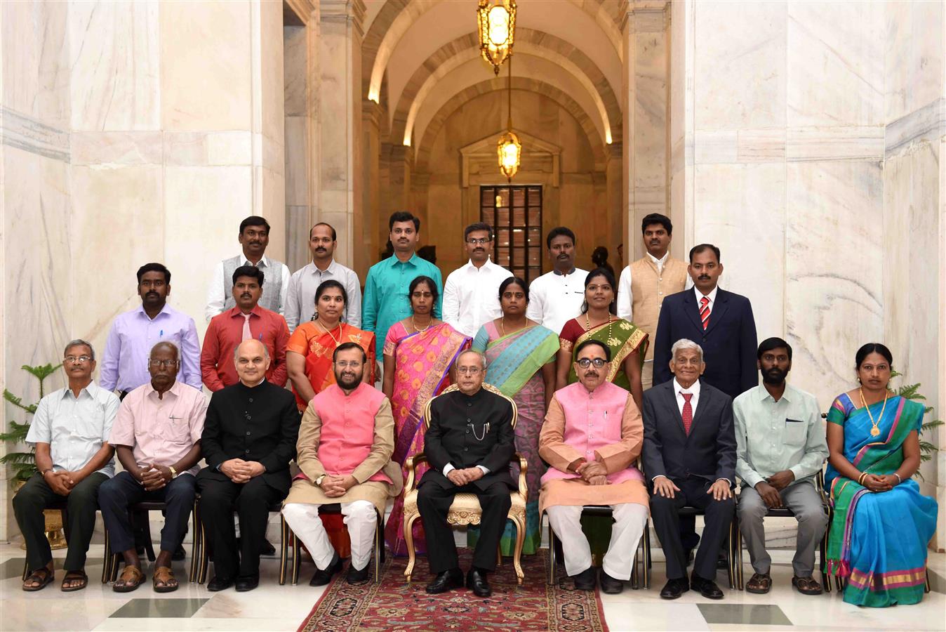 The President of India, Shri Pranab Mukherjee with the recipients of the Presidential Awards for Classical Tamil for the years 2013-14, 2014-15 and 2015-16 at Rashtrapati Bhavan on May 9, 2017.