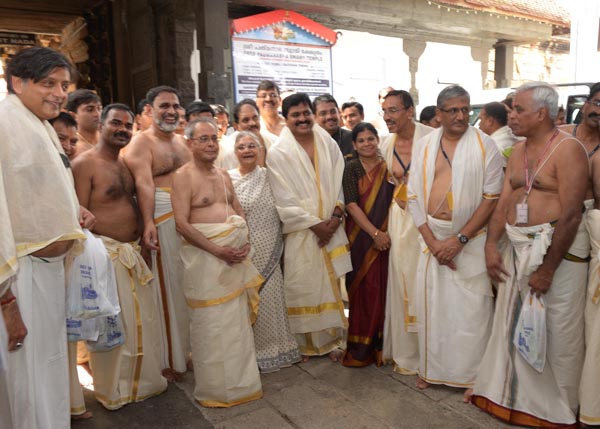 The President of India, Shri Pranab Mukherjee visiting Padmanabha Swami Temple at Thiruvananthapuram in Kerala on July 19, 2014. Also seen is the Governor of Kerala, Smt. Sheila Dikshit. 