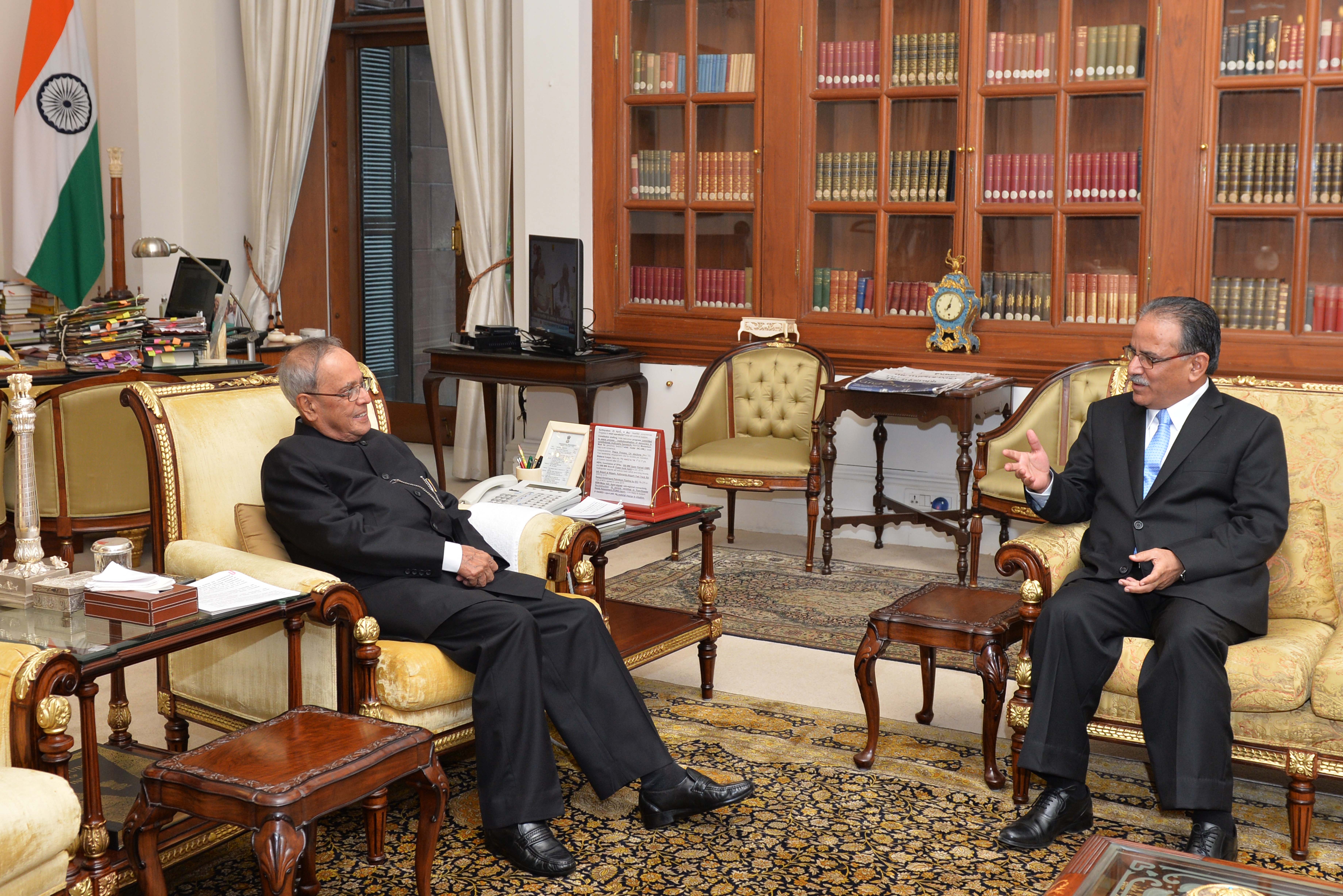 The Chairman of the Unified Communist Party of Nepal, Mr. Pushp Kamal Dahal calling on the President of India, Shri Pranab Mukherjee at Rashtrapati Bhavan on July 17, 2015.