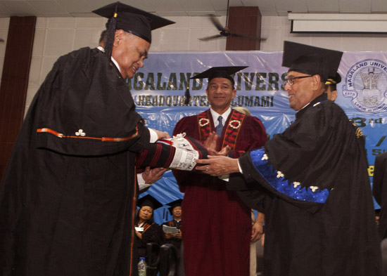 The President of India, Shri Pranab Mukherjee Conferring the Honorary Causa of Degree to the Educationist, Prof. Mrinal Miri at the third Convocation of Nagaland University at Lumami in Nagaland on May 15, 2013. The Governor of Nagaland, Dr. Ashwani Kumar