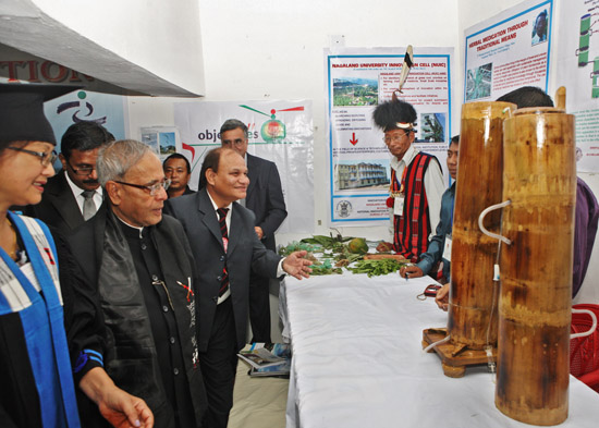 The President of India, Shri Pranab Mukherjee visiting Grassroots Innovation Exhibition after the inauguration which was organized by the Nagaland University at Lumami in Nagaland on May 15, 2013.