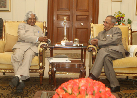 The Former President of India, Dr. A.P. J. Abdul Kalam meeting with the President of India, Shri Pranab Mukherjee at Rashtrapati Bhavan in New Delhi on May 16, 2013.