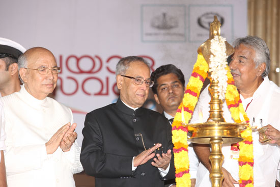 The President of India, Shri Pranab Mukherjee inaugurating the Viswa Malayalee Mahotsavam - 2012 at Thiruvananthapuram on October 30, 2012. Also seen are the Governor of Kerala, Shri. H.R Bhardwaj and the Chief Minister of Kerala, Shri Oommen Chandy.