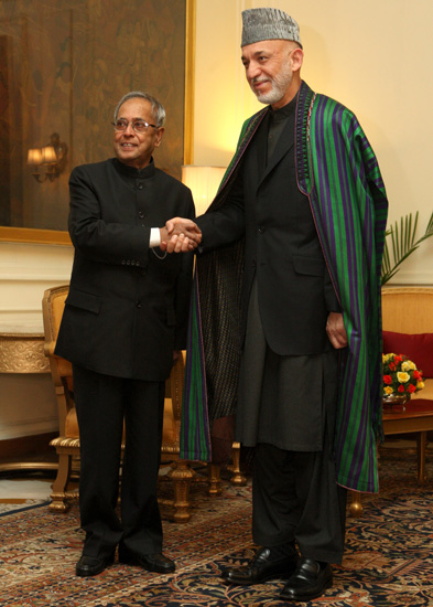 The President of the Islamic Republic of Afghanistan, H.E. Mr. Hamid Karzai calling on the President of India, Shri Pranab Mukherjee at Rashtrapati Bhavan in New Delhi on May 21, 2013.