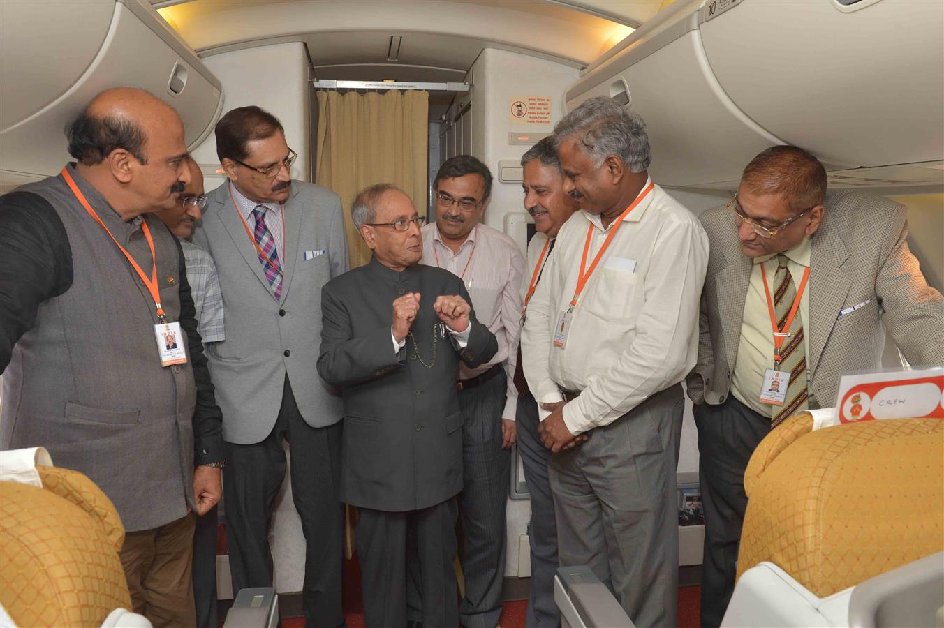 The President of India, Shri Pranab Mukherjee interacting with the accompanying officials, academic and media delegation on board, Air India Special aircraft on his way to Guangzhou, People’s Republic of China on May 24, 2016. 