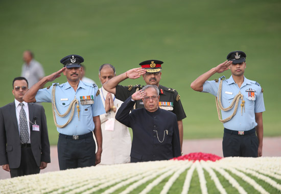 The President of India, Shri Pranab Mukherjee paying homage at the Samadhi of the former Prime Minister of India, Late Pandit Jawaharlal Nehru at Shanti Van in New Delhi on May 27, 2013 on the occasion of his 49th Death Anniversary.