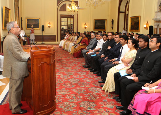 The President of India, Shri Pranab Mukherjee meeting the probationers of the 2010 Batch of the Indian Railway Accounts Service (IRAS), Indian Railway Personnel Service (IRPS) and Indian Railway Stores Service (IRSS) from National Academy of Indian Railwa