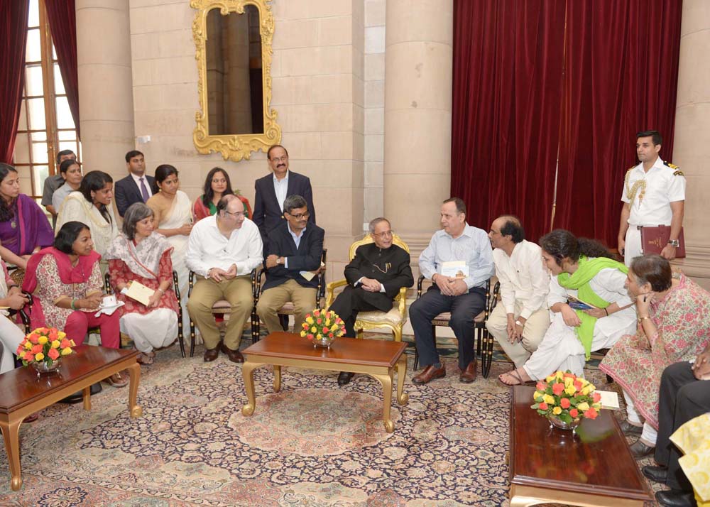 The President of India, Shri Pranab Mukherjee meeting the Media Personnel at Rashtrapati Bhavan on July 30, 2014. 