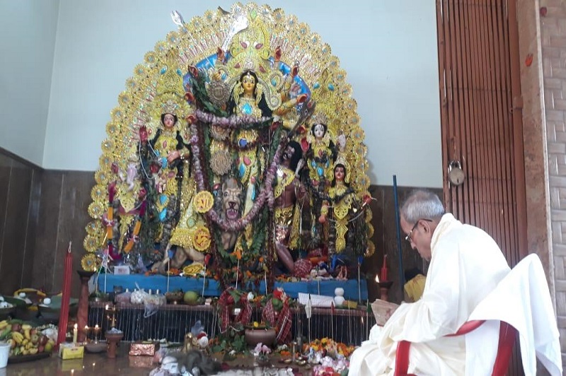 The Former President of India, Shri Pranab Mukherjee on Durga Puja at his village, Mirati in Birbhum, West Bengal.