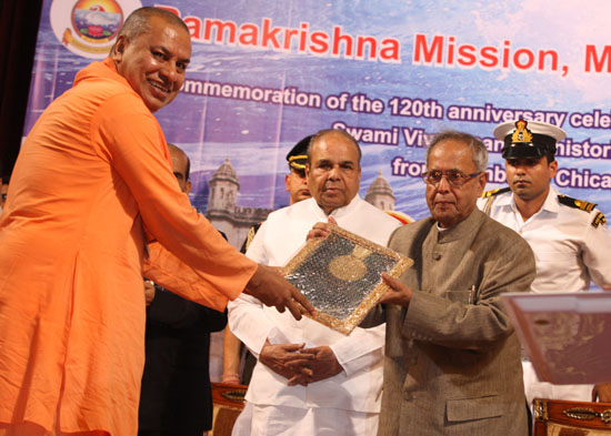 The President of India, Shri Pranab Mukherjee attending the commemoration function of the 120th Anniversary of Swami Vivekananda’s Voyage from Gateway of India to the West organized by Ramakrishna Math and Ramakrishna Mission at Convocation Hall, Universi