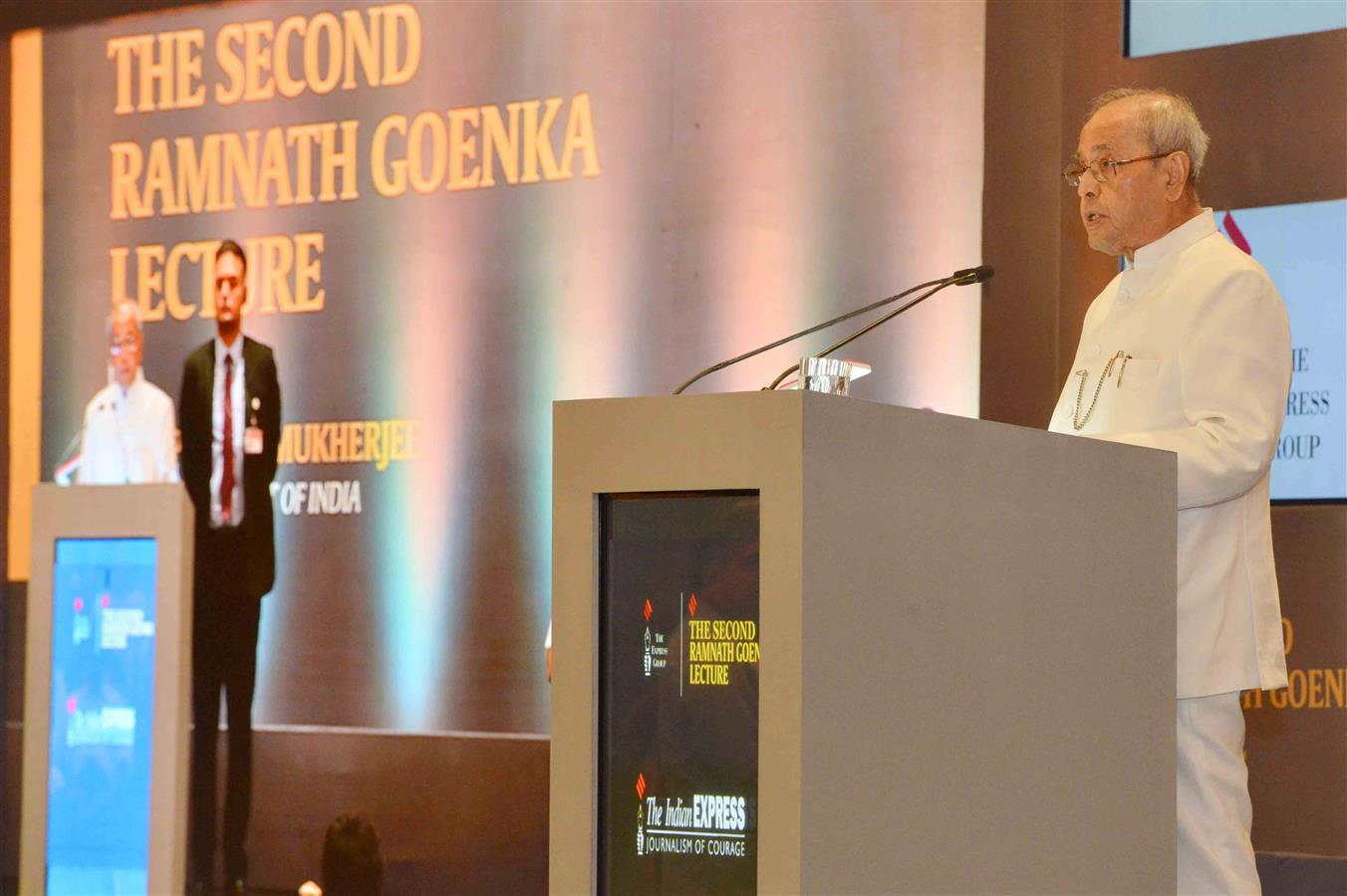 The President of India, Shri Pranab Mukherjee delivering the Ramnath Goenka Memorial Lecture in New Delhi on May 25, 2017.