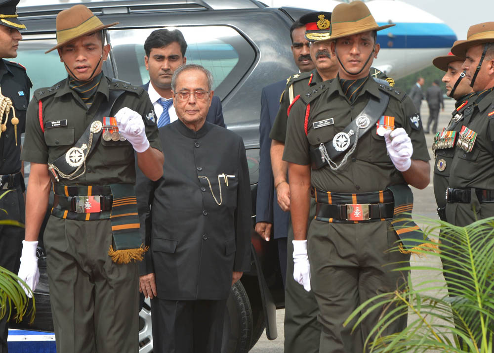 The President of India, Shri Pranab Mukherjee during Guard of Honour at Begumpet Airport in Telangana on August 02, 2014. The President visited the city for the first time after formation of Telangana State. 