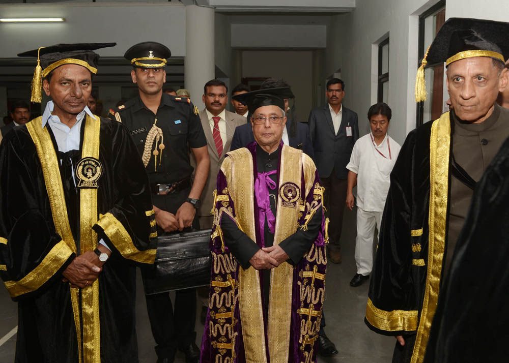 The President of India, Shri Pranab Mukherjee arriving at the 12th Convocation of NALSAR University of Law at Shameerpet in Telangana on August 2, 2014. 