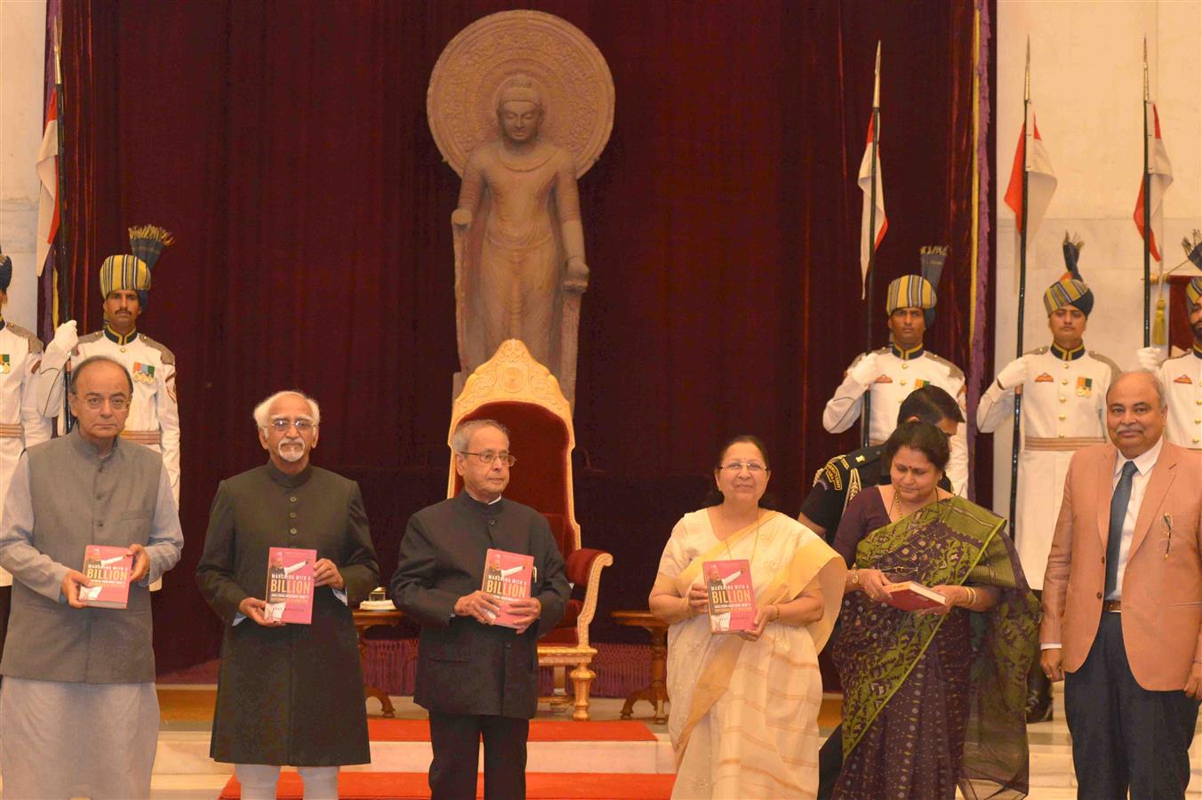 The Speaker of Lok Sabha, Smt. Sumitra Mahajan releasing the book 'Marching with A Billion - Analysing Narendra Modi's Government At Midterm' and first copy presented to the President of India, Shri Pranab Mukherjee at Rashtrapati Bhavan on May 26, 2017.