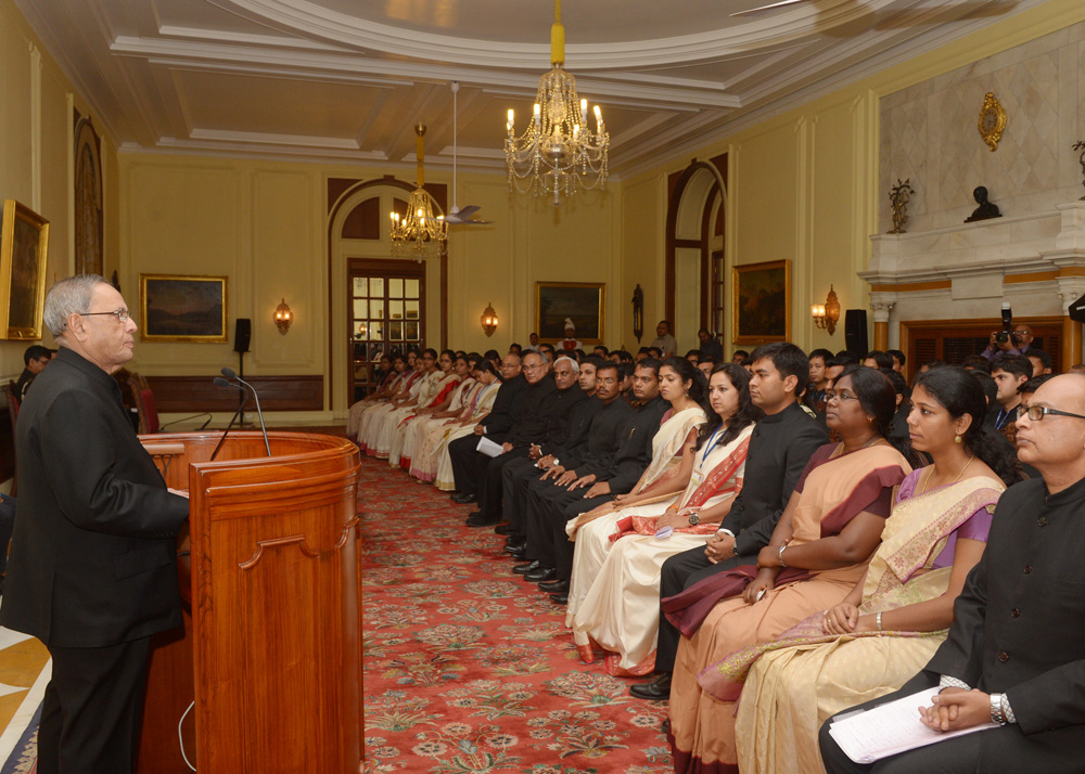 The President of India, Shri Pranab Mukherjee meeting with the probationers of Indian Forest Service (IFS) of 2013-15 batch at Rashtrapati Bhavan onAugust 5, 2014. 