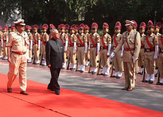 The President of India, Shri Pranab Mukherjee inspecting the Guard of Honour at Raj Bhavan in Raipur, Chhattisgarh on November 7, 2012.