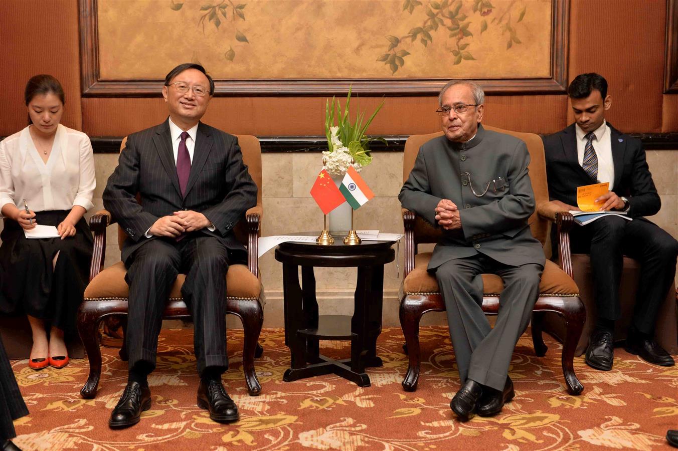 The State Councillor, Yang Jiechi called on the President of India, Shri Pranab Mukherjee at Hotel St Regis in Beijing, People’s Republic of China on May 27, 2016. 